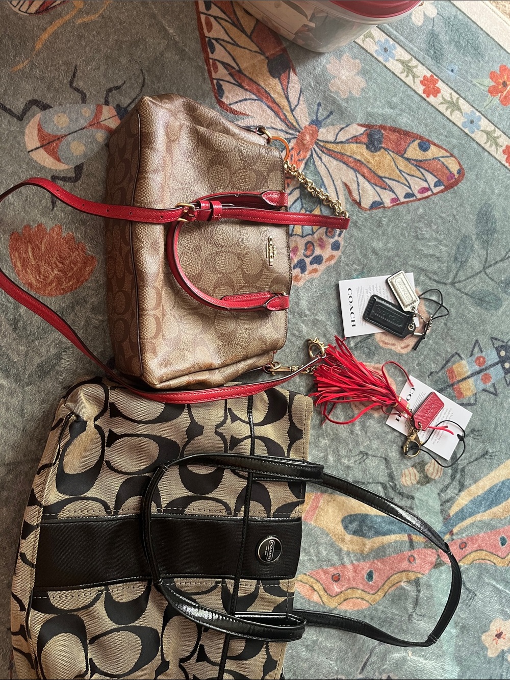 Coach Tan Signature Satchel/ Red and tan  purse 2 bags 2 charms accessories